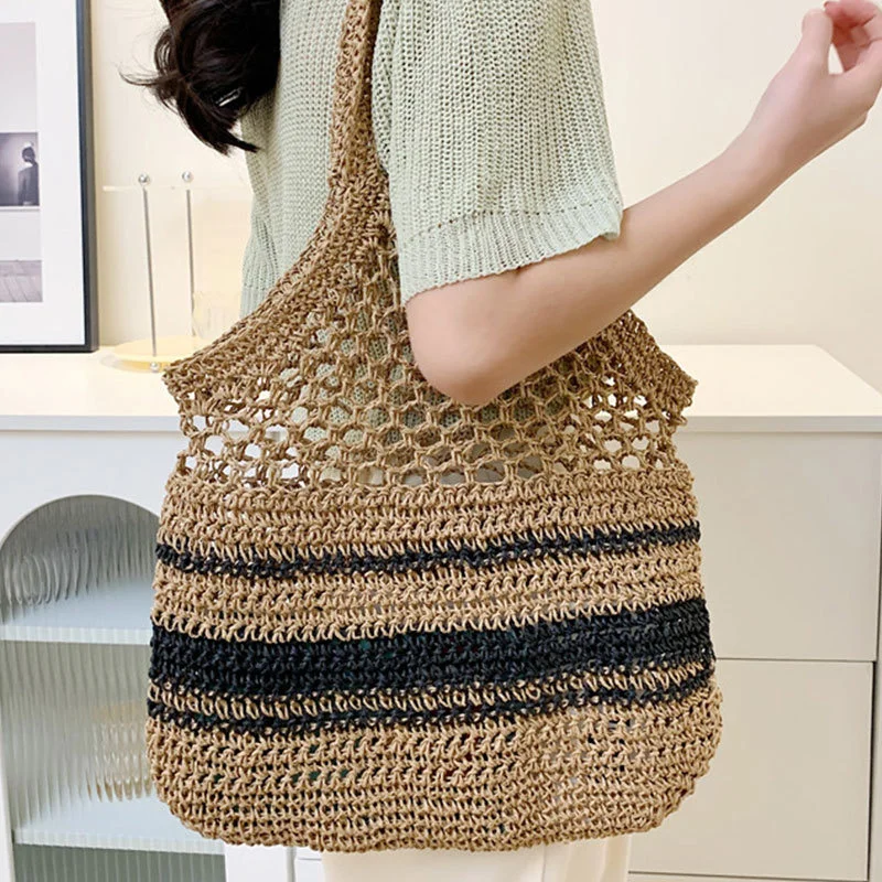 

Bohemian Hollow Shoulder Bag: Striped Straw Shopper