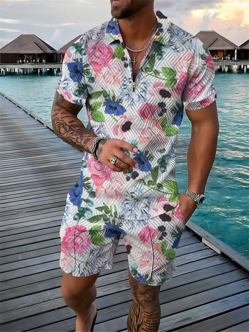 

Men'S Fashion Suit Hawaiian Casual Polo Top+Pants Holiday Streetwear Daily Loose Oversized Male Clothing Summer Breathable Mesh