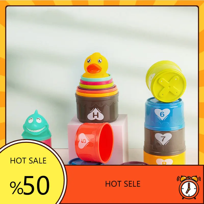 

9 Pcs Baby Stacking Cups Toy Rainbow Tower Kids Education Toy Cartoon Toddler Bath Toy Beach Toy Color Shape Cognition Baby Toy