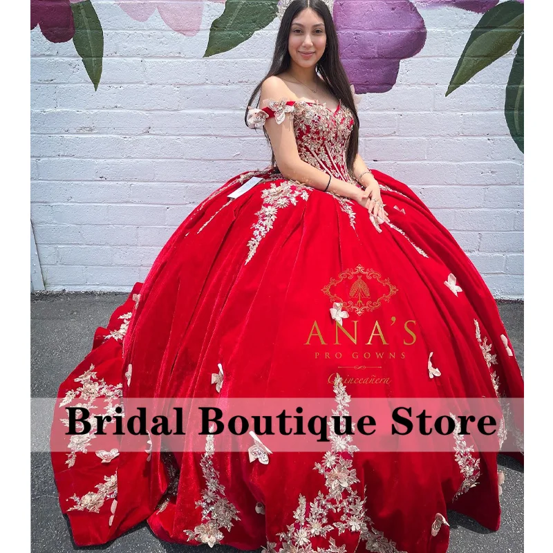 

Красное платье принцессы милой девушки бальное платье с открытыми плечами Цветы Аппликации блестки вышитое бисером 16-й день рождения