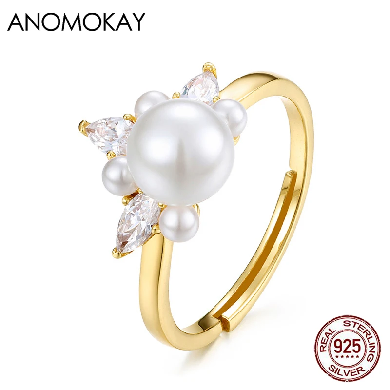 

Anomokay Crown Pearl Adjustable Gold Color Rings for Women 100% Sterling 925 Silver Ring Luxury Jewelry Gift