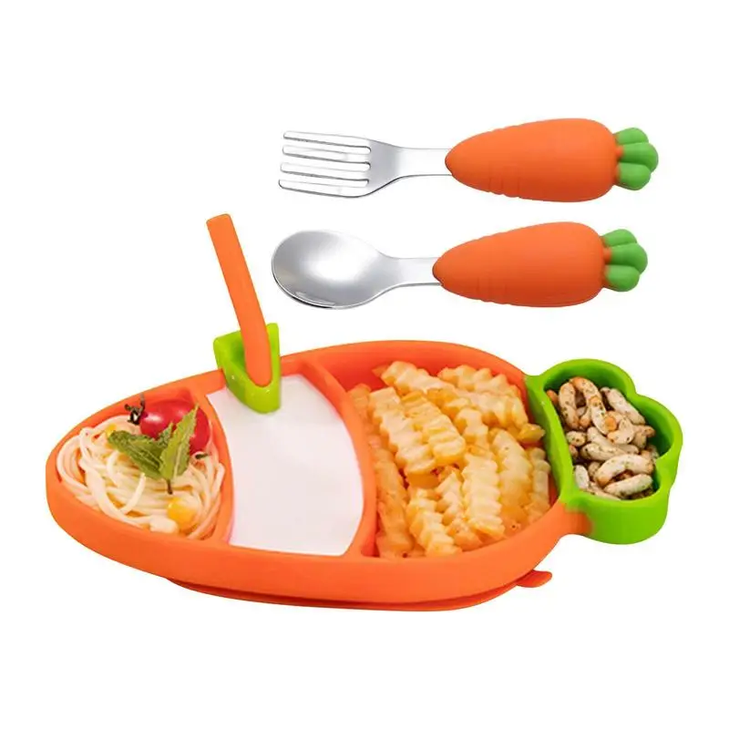 

Baby Carrots Bowl Suction Training Spoon Fork Set Silicone Divided Suction Plate With 4 Compartments For Toddlers Self Feeding