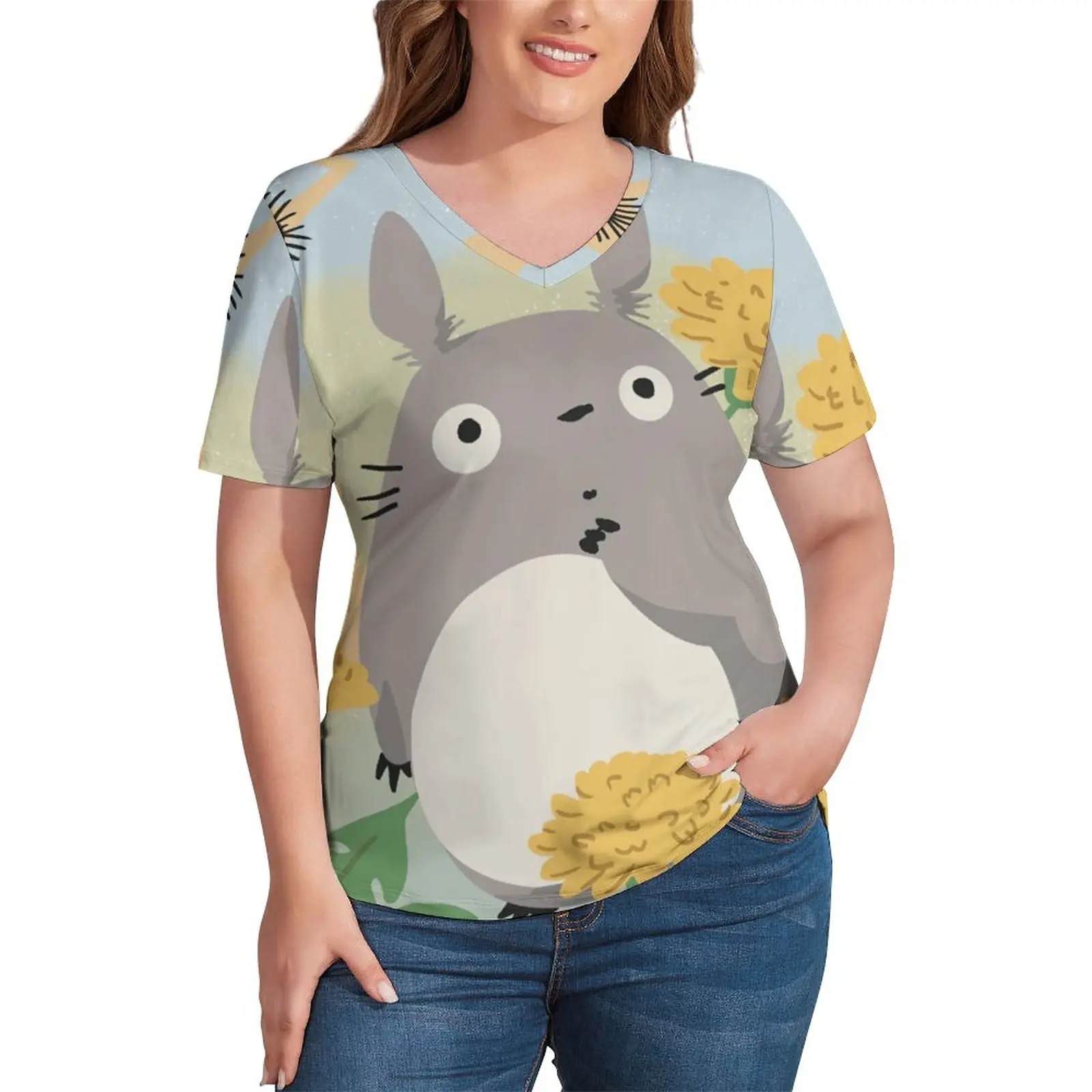 

Cute Totoro T-Shirt Plus Size Flowers Print Aesthetic T Shirts Short-Sleeve V Neck Street Style Tees Women Summer Print Tops