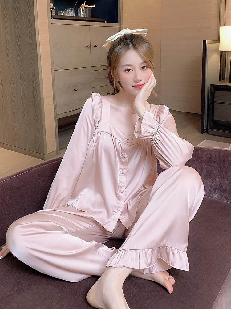 Ladies Pajamas Long-sleeved Two-piece Suit Ice Silk Thin Section  Sleep Tops Two Piece Set Summer Sexy Nightwear