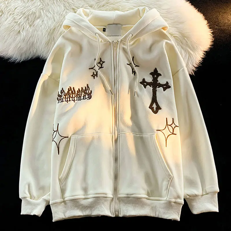 

Letter Zip Up Hoodie Women Cross Print Y2K Korean Fashion Hooded Sweatshirts Female Autumn Oversized Hoodie Graphic Sweatshirt