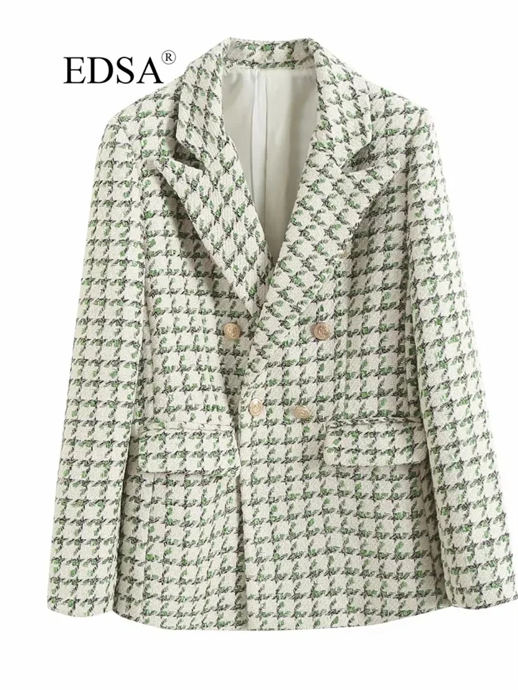 

EDSA Women Fashion Green Plaid Textured Blazer With Flap Pockets Tweed Jacket Double Breasted Long Sleeve For Office Lady Coat