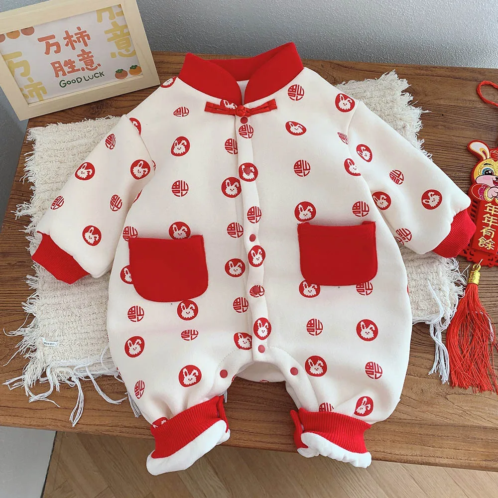 

Baby Boy Christmas Rompers Animal Print Plus Velvet Thicken Warm Winter Newborn Clothes Chinese New Year Infant Girl Jumpsuit