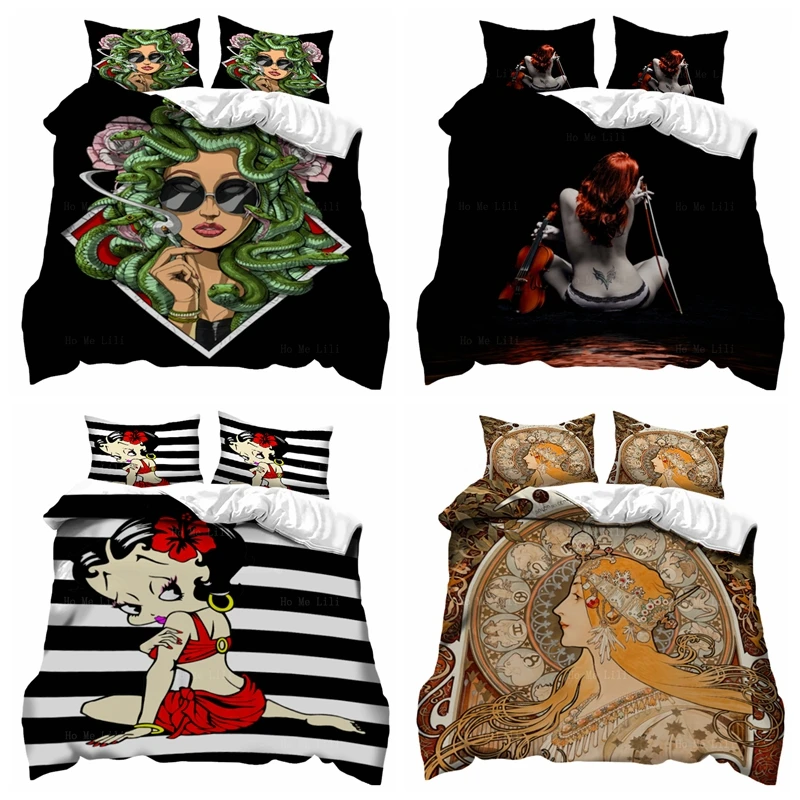 

Psychedelic Greek Goddess Smoking Hippie Sexy Cartoon Girl Zodiac Nouveau Violinist Isolated On Black Background Duvet Cover Set