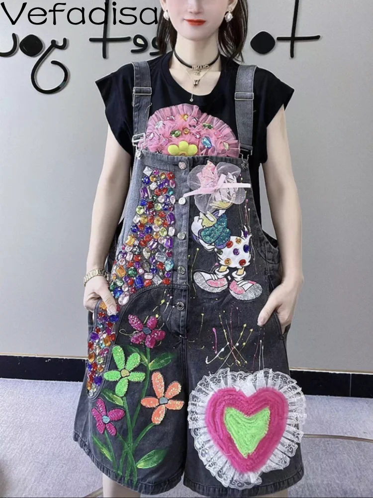 

Vefadisa 2023 Summer Women Heavy Industry Sequin Cartoon Harlan Shorts Personalized Trendy Girl Colored Denim Strap Pants ZY1699
