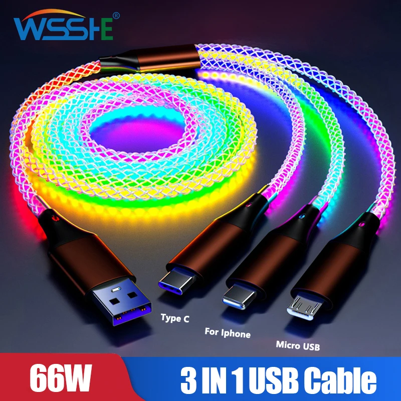 

3 In 1 66W 6A RGB Glowing Type C Cable For iPhone 14 13 Pro Max LED Light USB Fast Charging Cord For Samsung Xiaomi Charger Wire