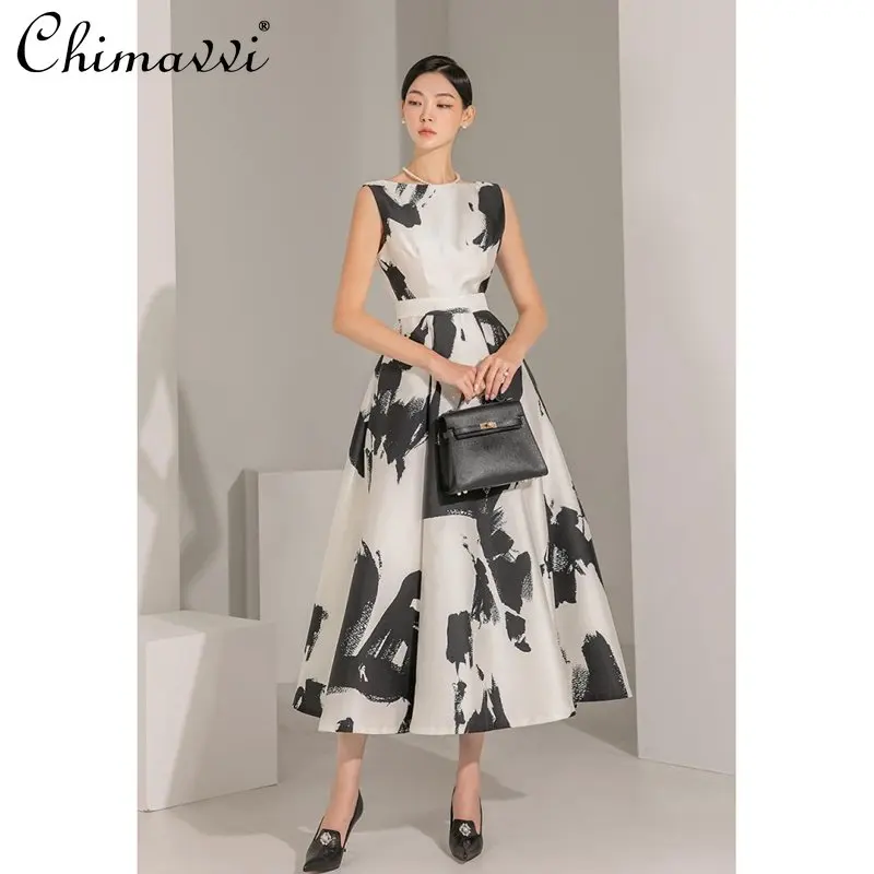 

2023 Amoi Fashion Ink Art Print Round Neck Sleeveless Midi Dress High Waist Slimming Temperament Long Ladies Dress Party Dress