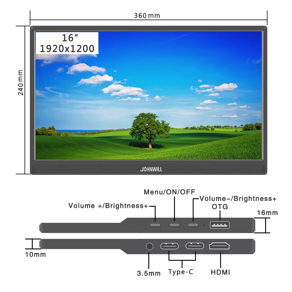 Компьютерный монитор 16-дюймовый портативный 1920x1200 IPS-панель ЖК-дисплей HD с
