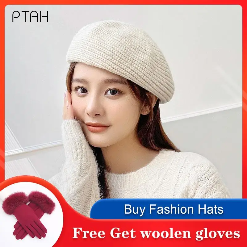

[PTAH] Girl Solid Color Beret French Artist Warm Wool Winter Beanie Hat Retro Vintage Plain Beret Solid Color Elegant Ladies Hat