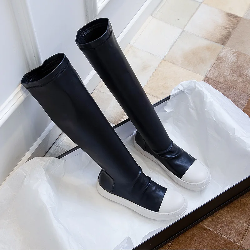 Women Over-the-Knee Boots 2023 Girls New Chunky Boots Woman Leather Elastic Flat Casual Leisure Student Shoes Long