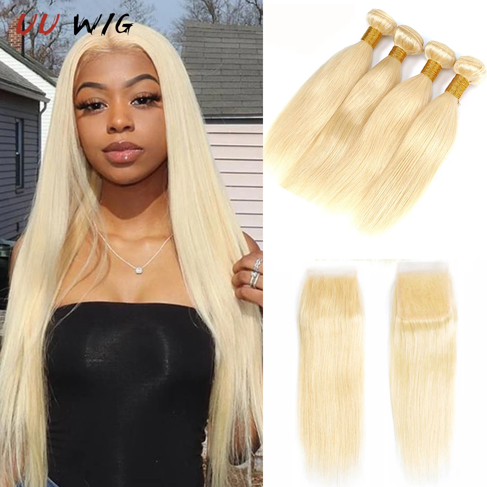 

UU WIG 13A 613 Bundles With Closure Brazilian Straight Hair 4 Bundles With Closure Remy Blonde Human Hair Bundles With Closure