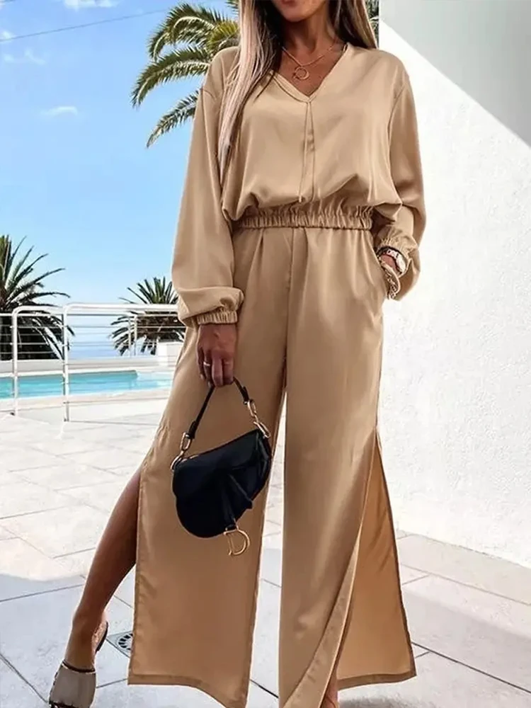 

Shein Romwe 2022 Summer V-Neck Long Sleeve Top & Slit Pants Set Of Two Fashion Casual Pieces For Women Free Shipping