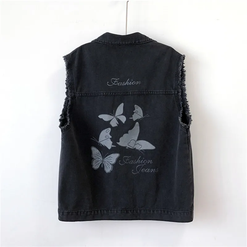 

Vintage Black Butterfly Print Big Pocket Denim Vest Women Burrs Sleeveless Cowboy Waistcoat Loose Mid Long Jeans Vests Female