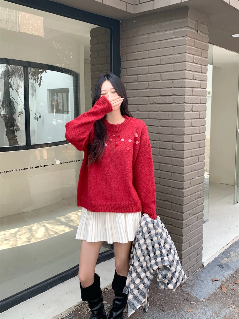 Большие размеры нежный корейский свободный утягивающий вязаный топ для полных