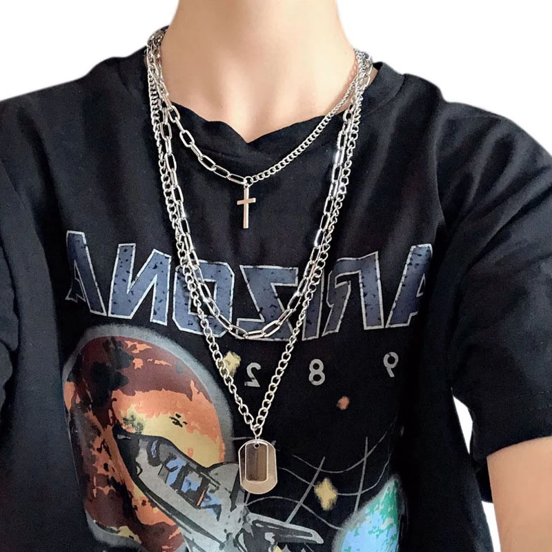 

Multilayers Punk Silver Chains Cross Necklace Couple Fashion Street Hip Hop Geometric Metal Pendant Necklaces For Women