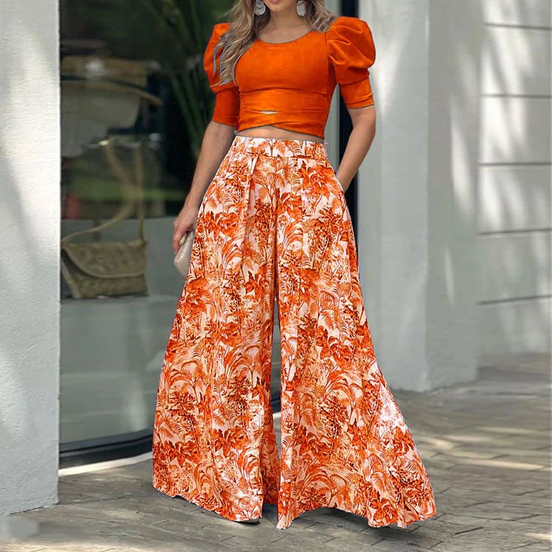 

Fashion Print Lady Party Suit New Summer Office Casual Loose Outfit Elegant Puff Sleeve Top + Wide Leg Pants Women Two-piece Set