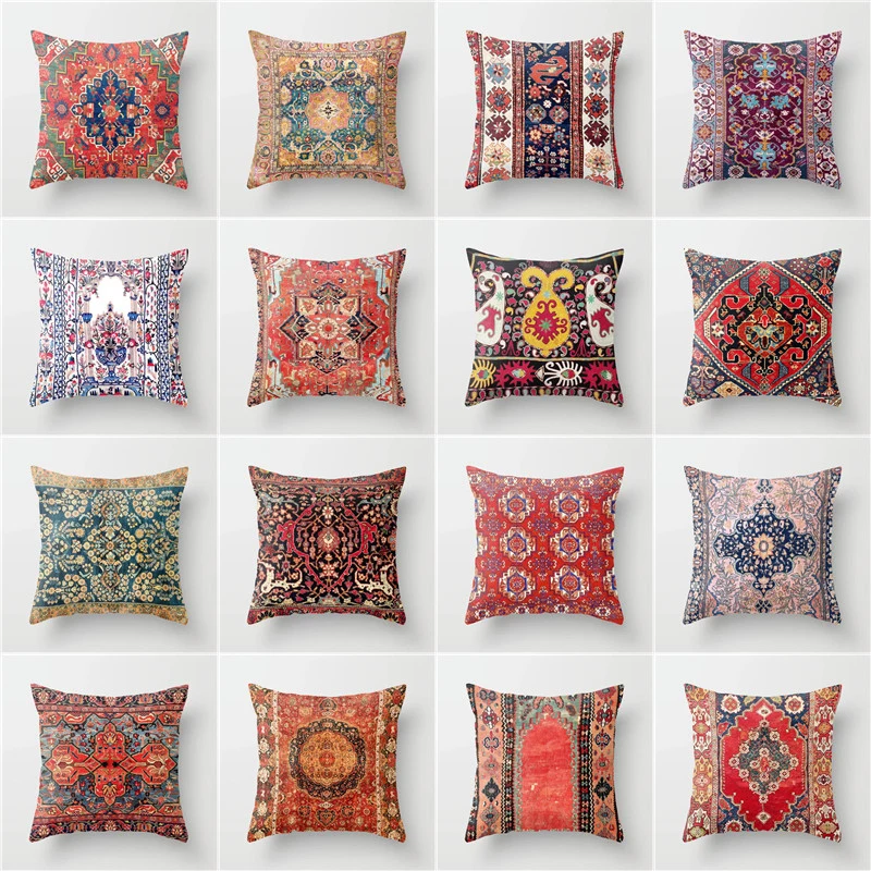 

European and American Retro Ethnic Style Short Plush Pillow Cover Sofa Cushion Cover Chinese Printing Throw Pillowcase