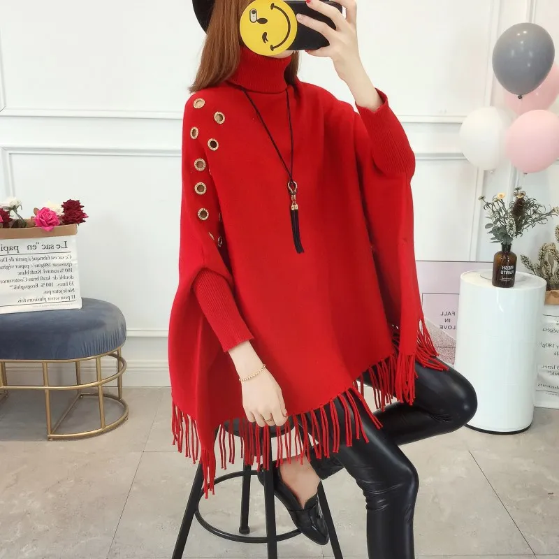 

2022 Autumn and Winter Turtleneck Fringed Pullover Sweater Women's Mid-length Cape Large Size Loose Knitted Bat Shirt Shawl