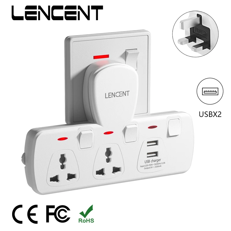 

Удлинитель LENCENT с 2 универсальными розетками переменного тока, 2 USB-порта, удлинитель, адаптер с переключателем для дома и офиса