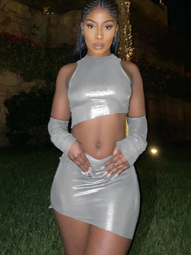 

Модный сексуальный серебристый Топ и юбка, комплект из двух предметов, платье для ночного клуба с рукавом, женские летние облегающие платья ...