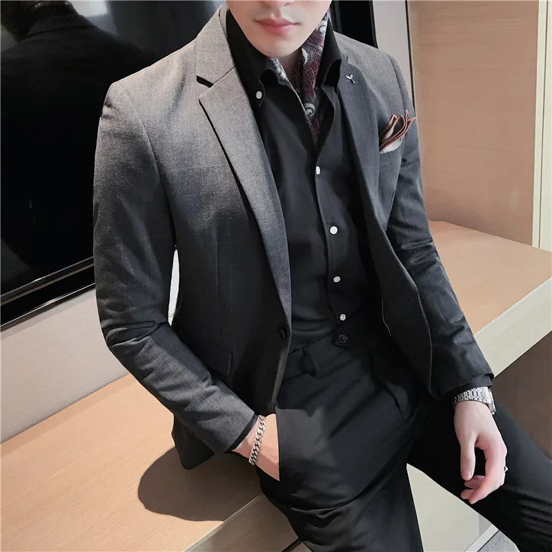 2022 Spring Plaid Men's Blazers British Style Business Casual Suit Jacket Slim Wedding Social Office Dress Coat Blazer Masculino