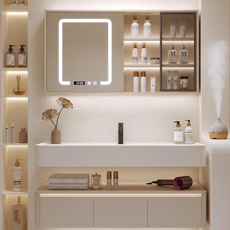 Настенные шкафы для ванной комнаты в нордическом стиле кремового цвета