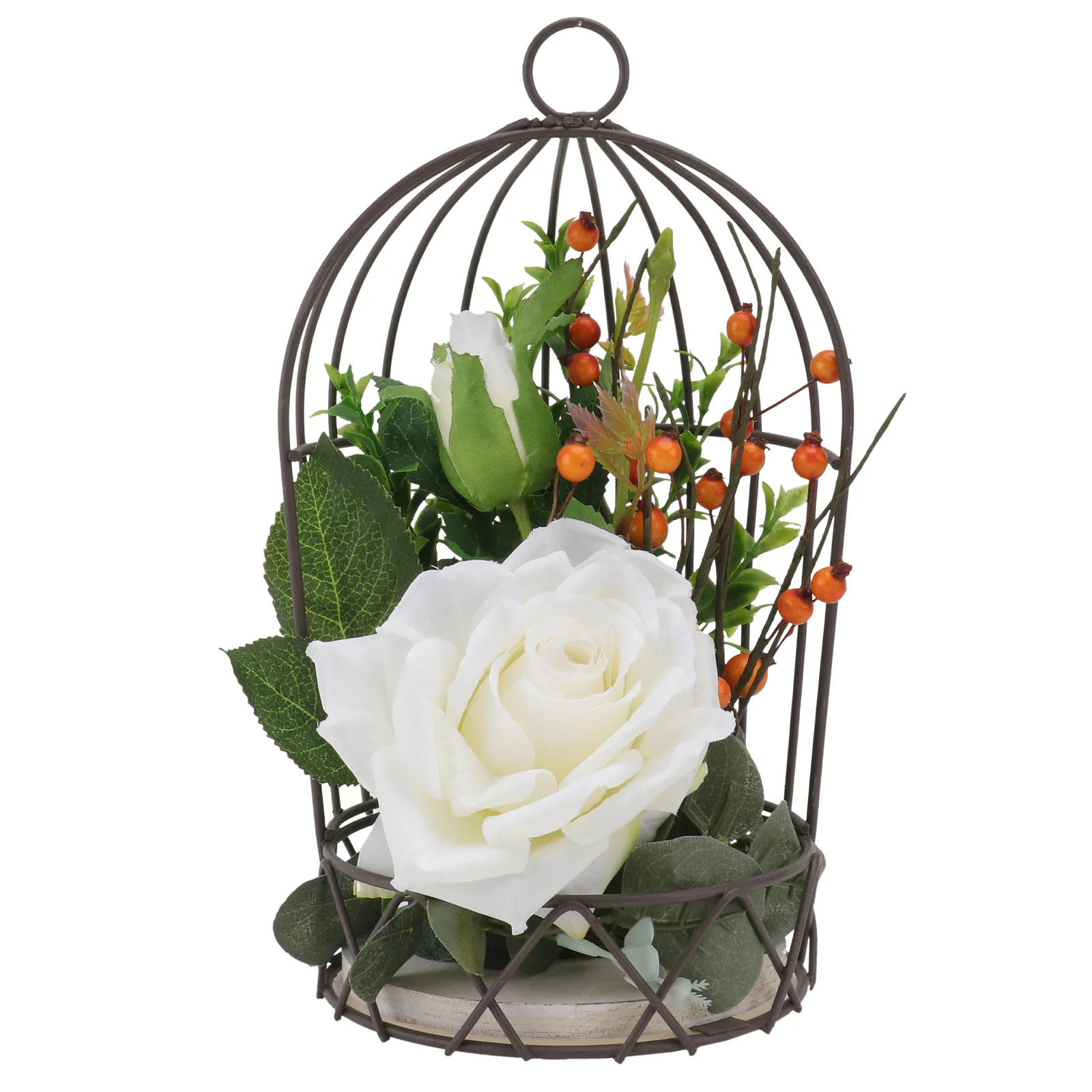 

1Pc Festival Bird Cage with Simulation Rose Adornment Dining Table Decor (White)