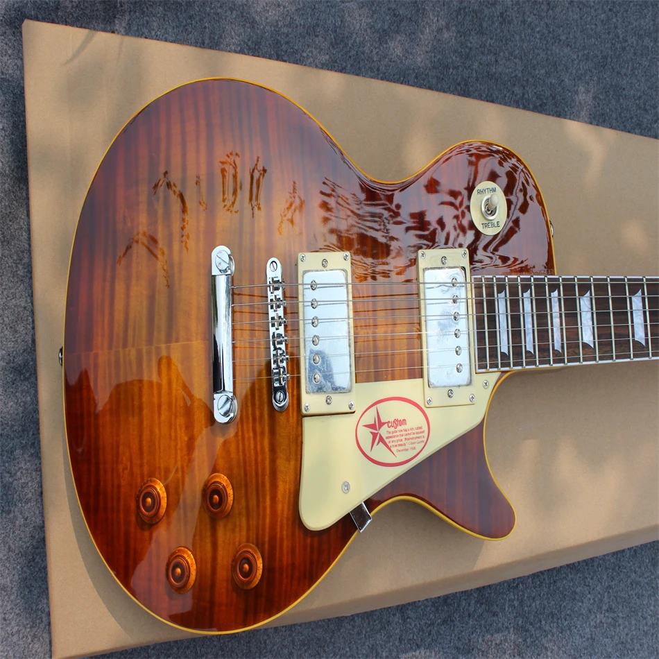 

Free delivery, high quality electric guitar, brown and yellow color, flame tiger print, silver hardware, can be customized