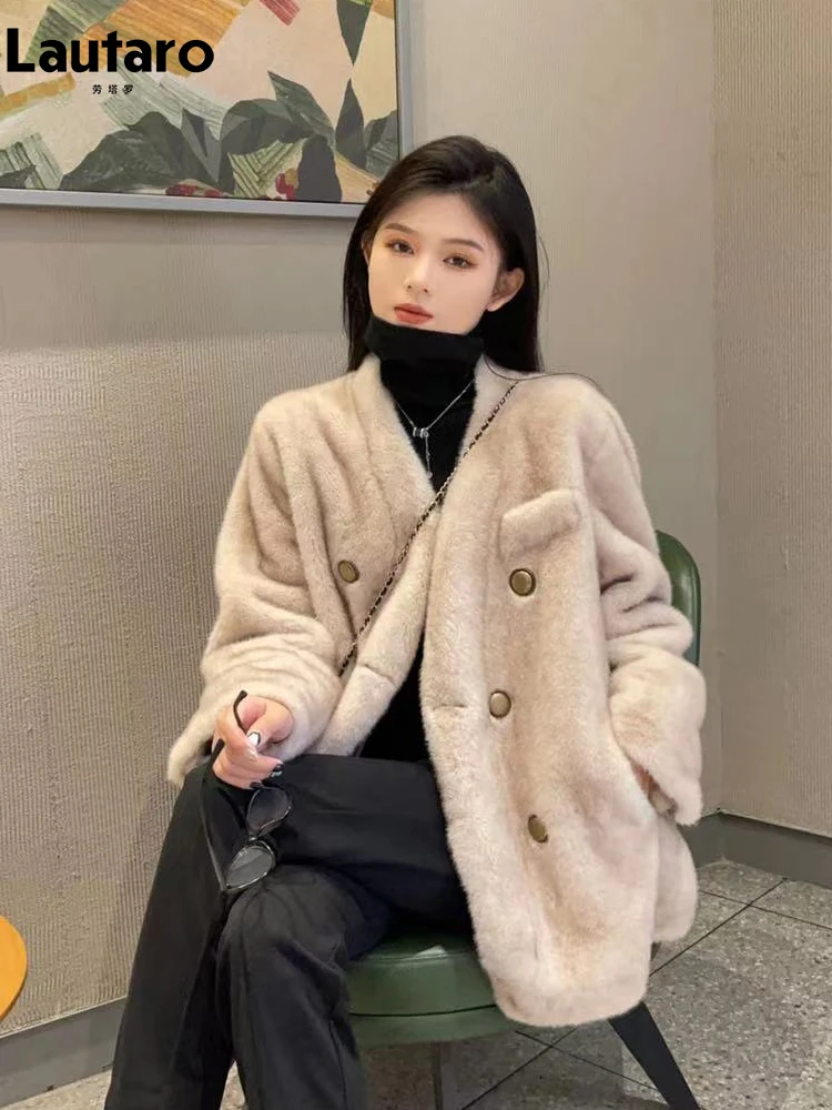 

Lautaro Зима Черный Роскошь Элегантный Стильный Толстый Теплый Мягкий Искусственный Норк Шуба Женщины с V-Образным Вырезом Двубортный пушистый жакет 2023 меховое плюшевые пальто куртка женская меховая