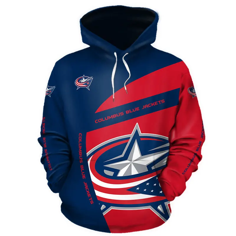 

Columbus Men's Fashion 3D Hoodie Blue red stitching design silver five-pointed star print Blue Jackets Cool outdoor sweatshirt