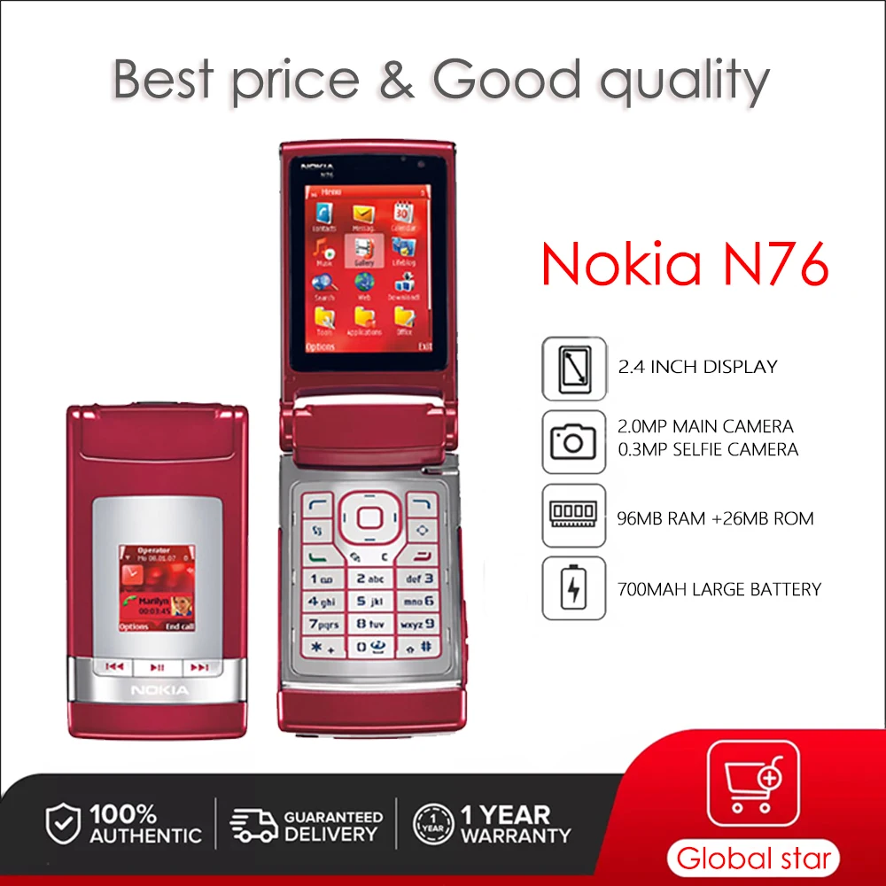 

Nokia N76 Original Unlocked Mobile Phone 2.4 inches 700mAh 2.0MP 96MB RAM 26MB ROM 3G High Quality Cellphone