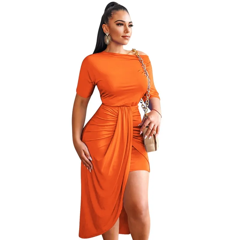 

Chic Pleated Irregular Dress Women's Summer Solid One Shoulder Stretch Bodysuit Lady Party Short Sleeve African Clothes Vestidos