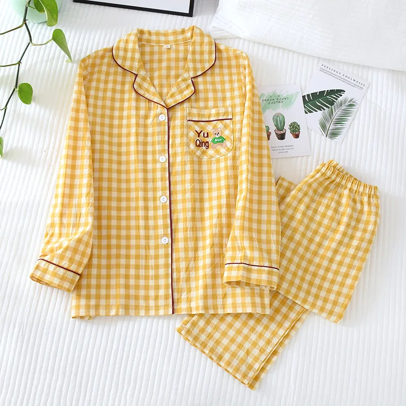 

Spring/Autumn New Cardigan Yellow Plaid Milk Silk Women Pajamas Set Hot Sell Loose Fashion Simple Two-piece Set Summer Homewear
