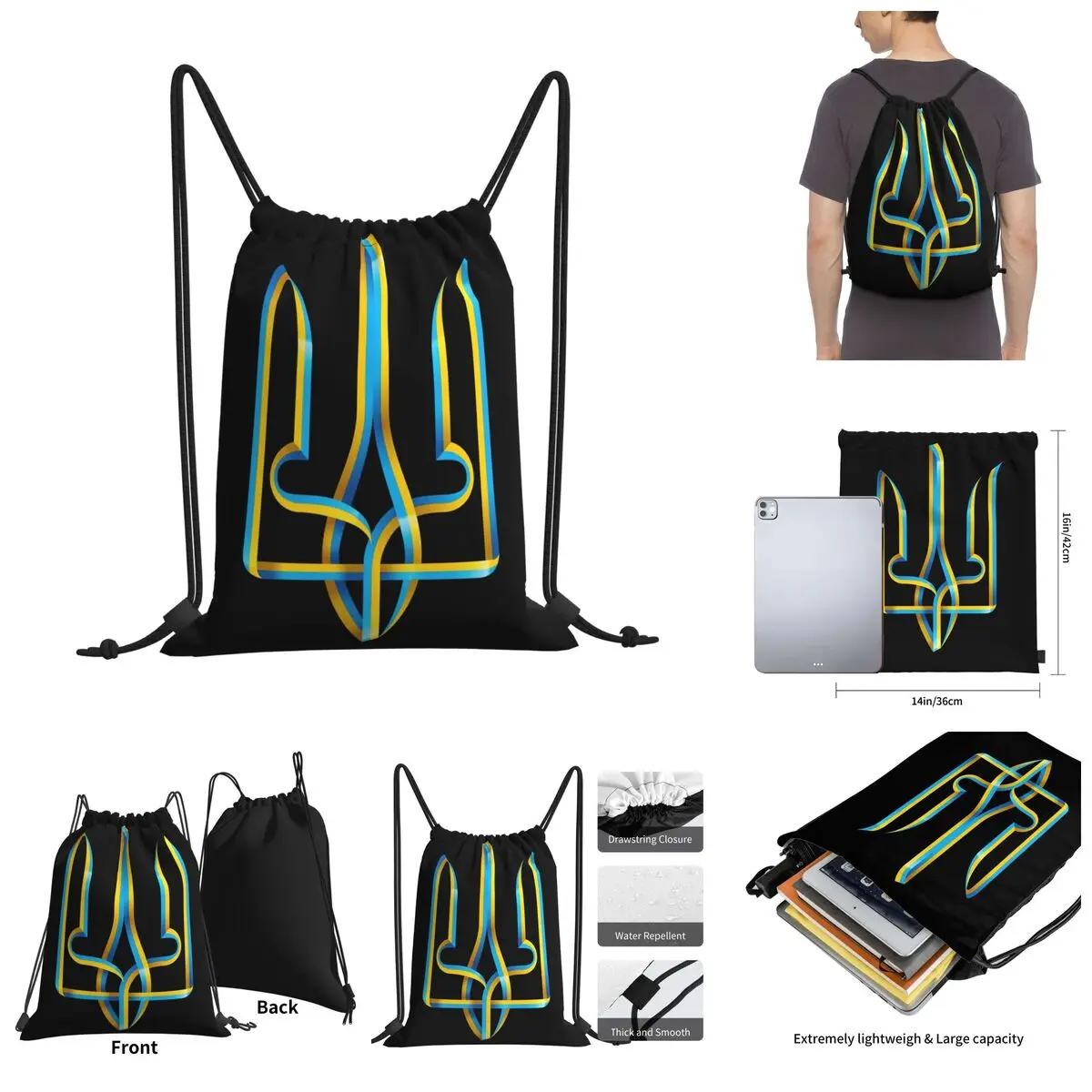

Ukrainian Flag Tryzub Art Print Drawstring Bags Gym Bag Graphic Cool Backpack Funny Novelty country Knapsack