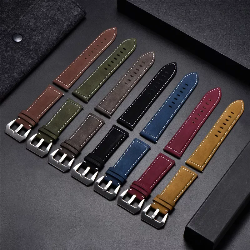 

New Style Vintage Leather Watchband 18mm 20mm 22mm 24mm Frosted Handmade Thick Line Strap Watch Accessories Band 7 colors