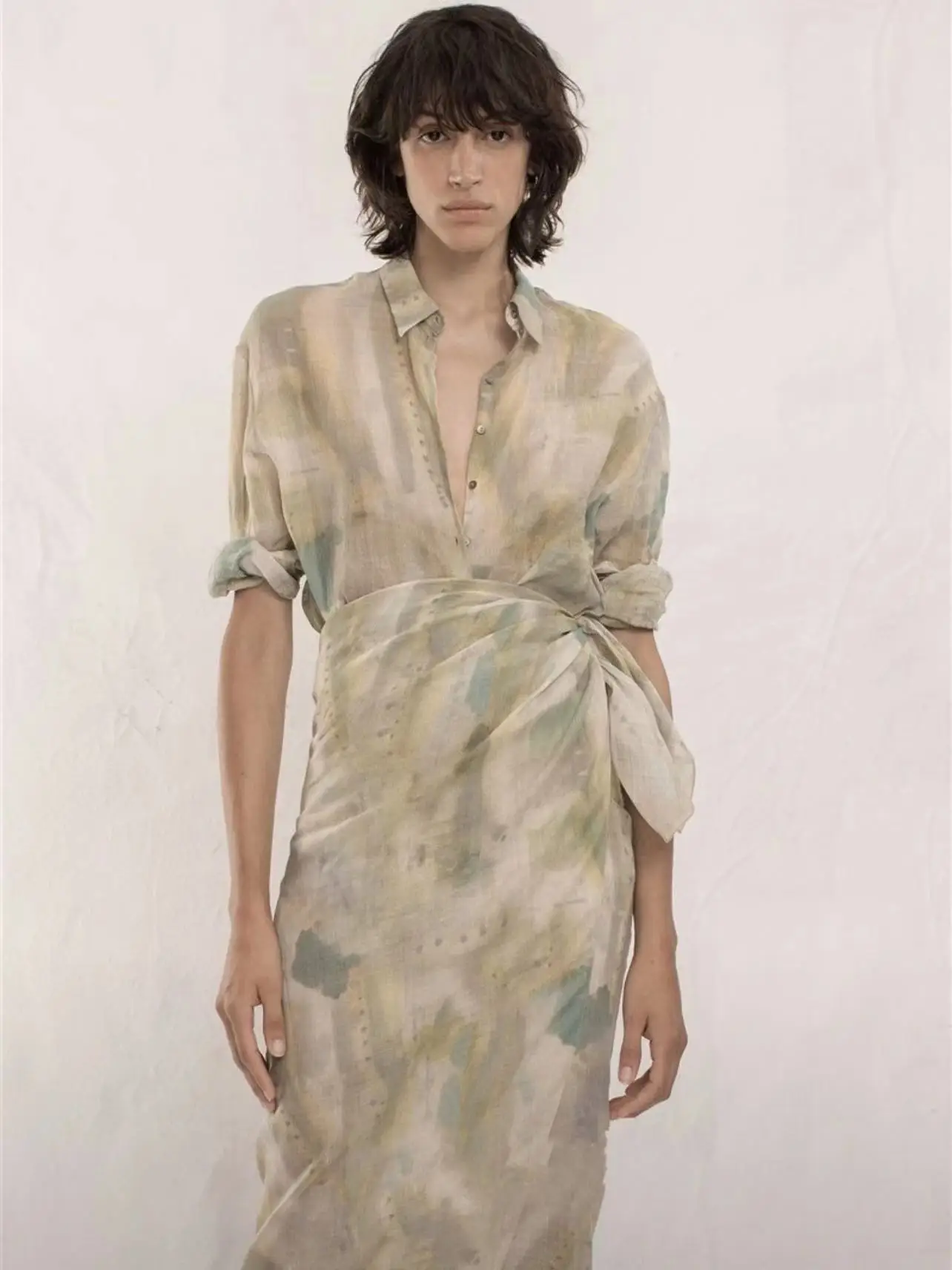 

Spanish niche Cortan green ink painting printed and dyed loose ramie long sleeved shirt+half skirt women's set