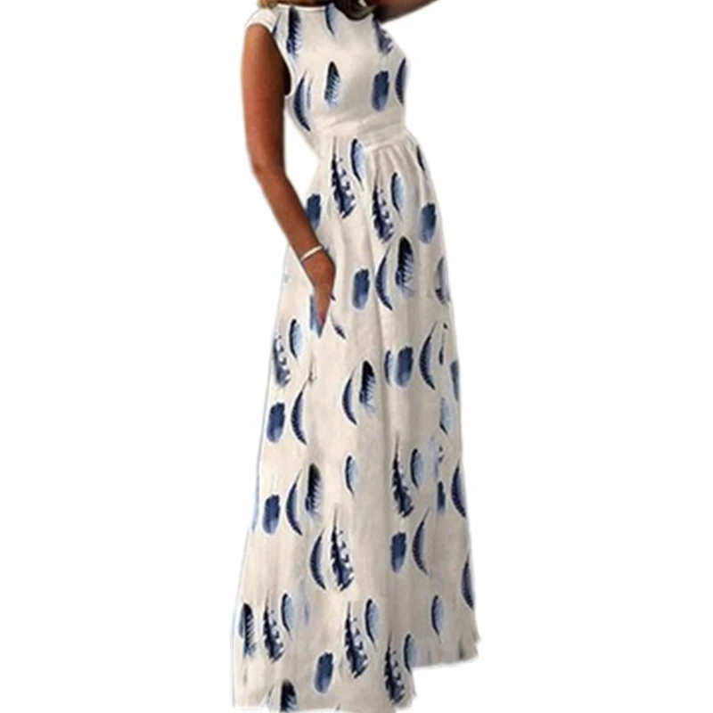 

Женское летнее длинное платье-футляр без рукавов с круглым вырезом и принтом в виде перьев, трапециевидный плиссированный расклешенный Сар...