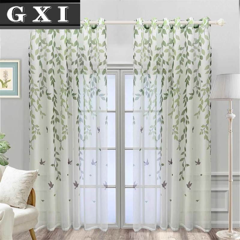 

American Pastoral Green Leaves Bird Print Bedroom Blackout Curtains For Living Room Balcony Window Sheer Tulle Treatment Drapes
