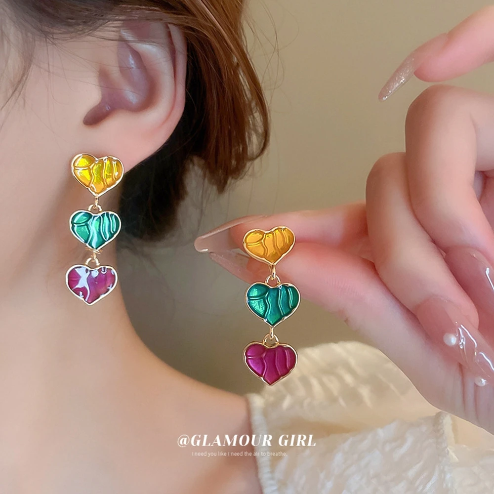 

Sweet Elegant Sliver Needle Colorful Drip Glaze Heart Dangle Earrings for Women Korean Fashion Earrings Y2K Kpop Trendy Jewelry
