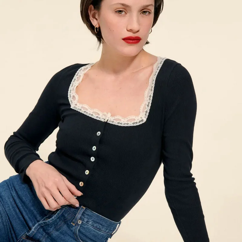 

Spring/Summer New 2023 Solid Color Long Sleeve Knitted Elastic Fit Square Neck Top Elegant French Retro