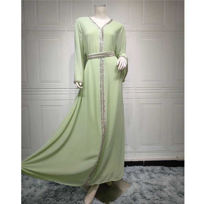 Arabic Abaya Luxury Beading Muslim Women Long Dress Dubai Turkey Moroccan Jalabiya Maxi Robe Chiffon Summer Hijab Dress Ramadan