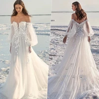 boho lantern sleeve wedding gown floor length tull lace appliques wedding dress for bride sweep train draped vestidos de novia