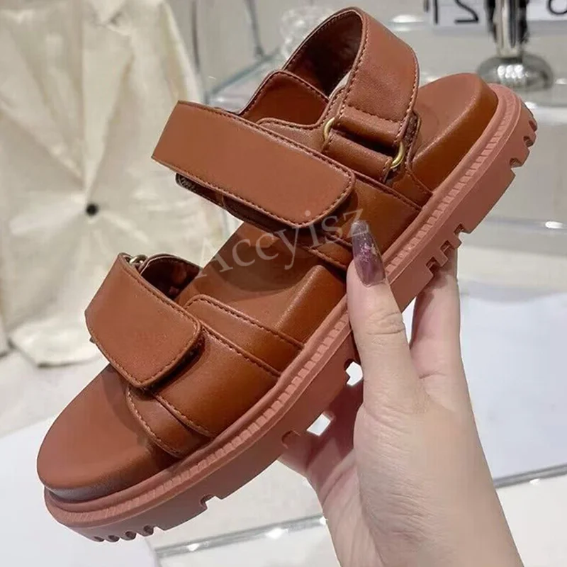 

New 2023 Summer Real Leather Flat Sandalias Thick Sole Solid Color Sandals Women's Rome Shoes Resort Leisure Comfort Beach Shoes