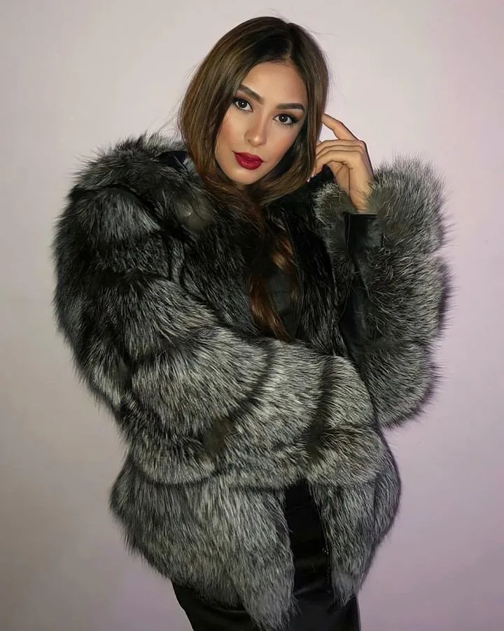 Роскошное женское пальто из натурального серебряного лисьего меха зимняя куртка