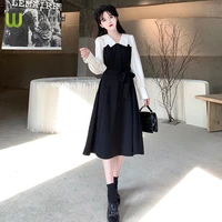 the new spring and autumn winter 2022 back with zipper french bump color patchwork dress since waist skirt gentle wind