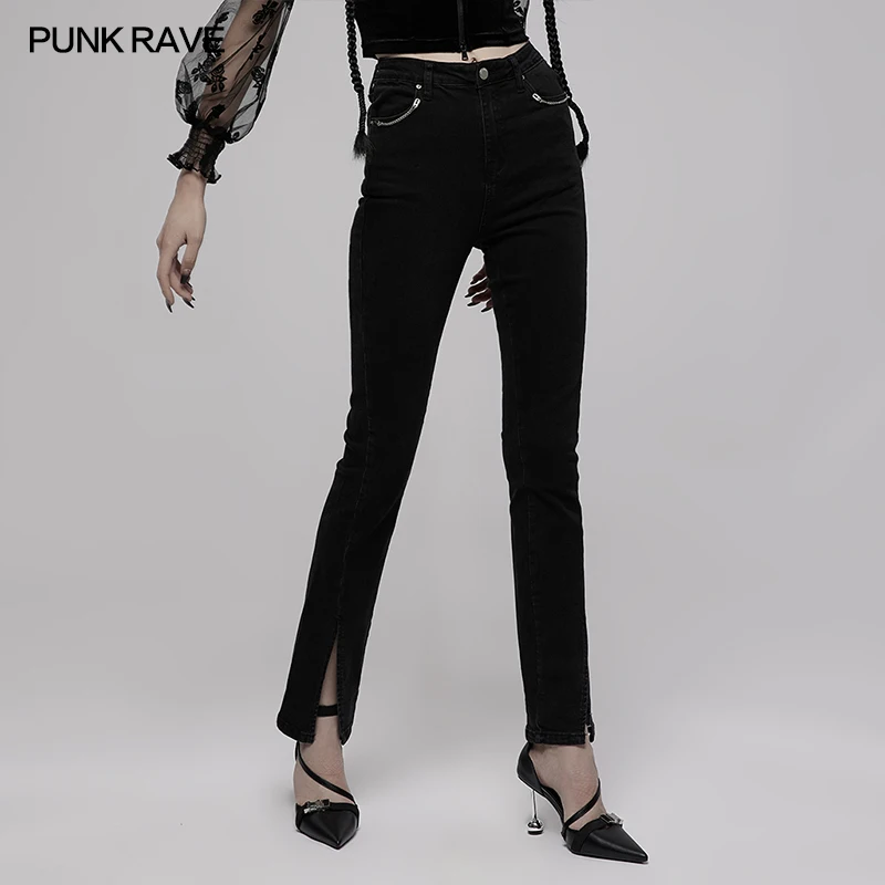 PUNK RAVE Women's Punk Chain Decorated Slit High Waist Micro Flared Pants Daily Slim Washing Denim Trousers